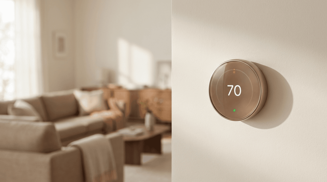 Modern living room with smart thermostat controlling home climate