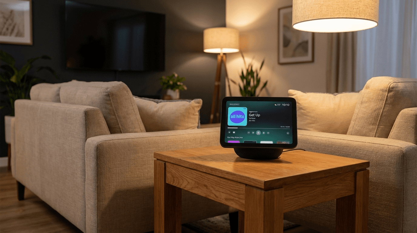 Modern home theater with smart speaker and ambient lighting