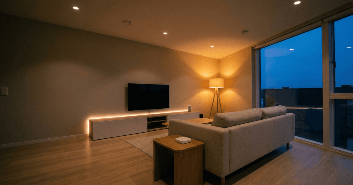 Modern living room lit by smart LED bulbs
