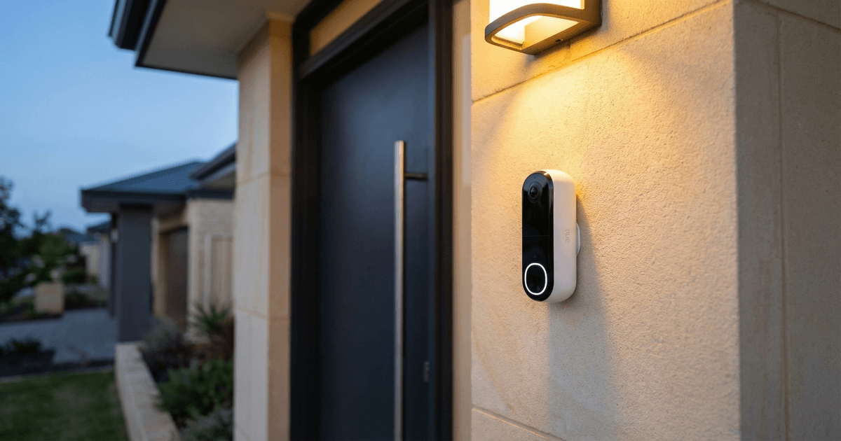 Smart video doorbell mounted beside a modern front door at dusk